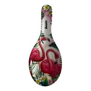 Bonaire Souvenir Ceramic Spoon Rest – Pink Flamingos Tropical Flowers – @giftcor